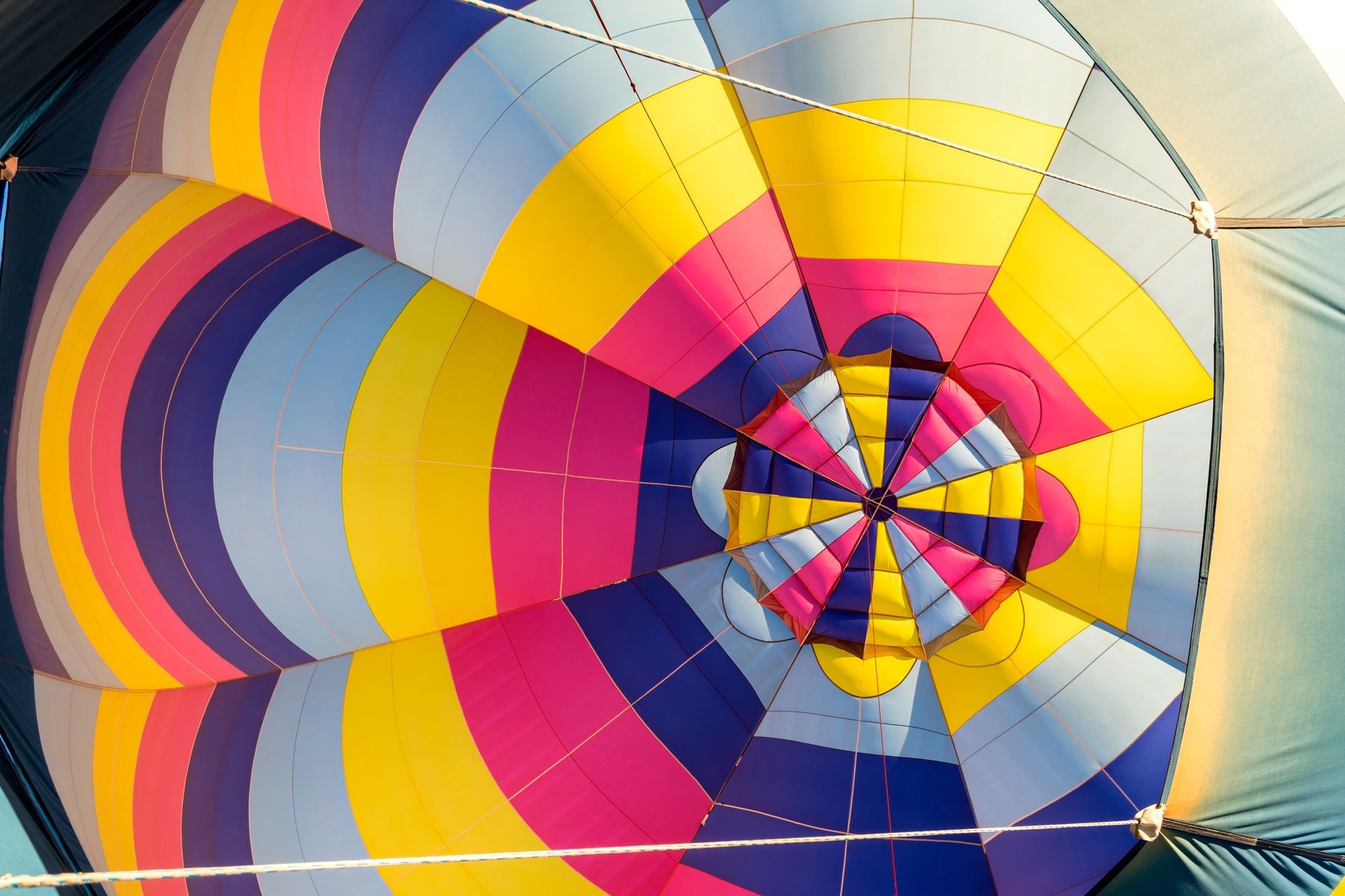 Looking Up Into Inflated, Colorful Hot Air Balloon While in Flight Showing Geometric Design, Pattern